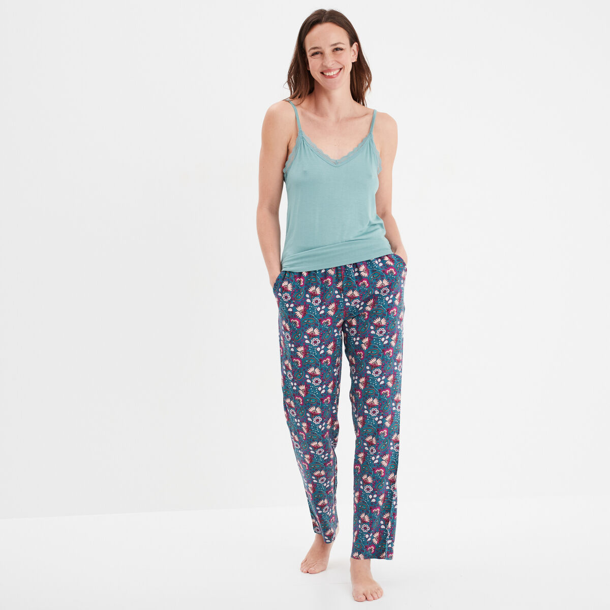 Pantalon de pyjama fluide taille haute bleu canard femme