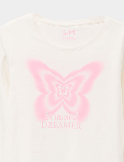 T-shirt col rond manches longues coton ivoire fille