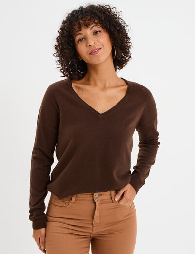 Pull col en V manches longues marron fonc&eacute; femme
