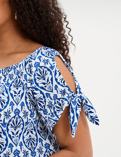 T-shirt gaufr&eacute; avec manches &agrave; noeuds ecru femme grande taille