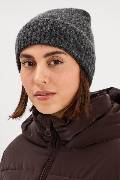 Bonnet maille c&ocirc;tel&eacute;e gris fonc&eacute; femme
