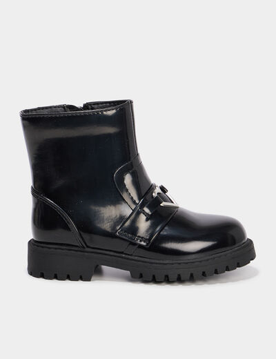 Boots vernies d&eacute;tails bijoux coeur noir fille