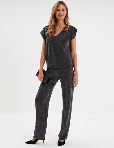 T-shirt manches courtes col en V gris argent femme
