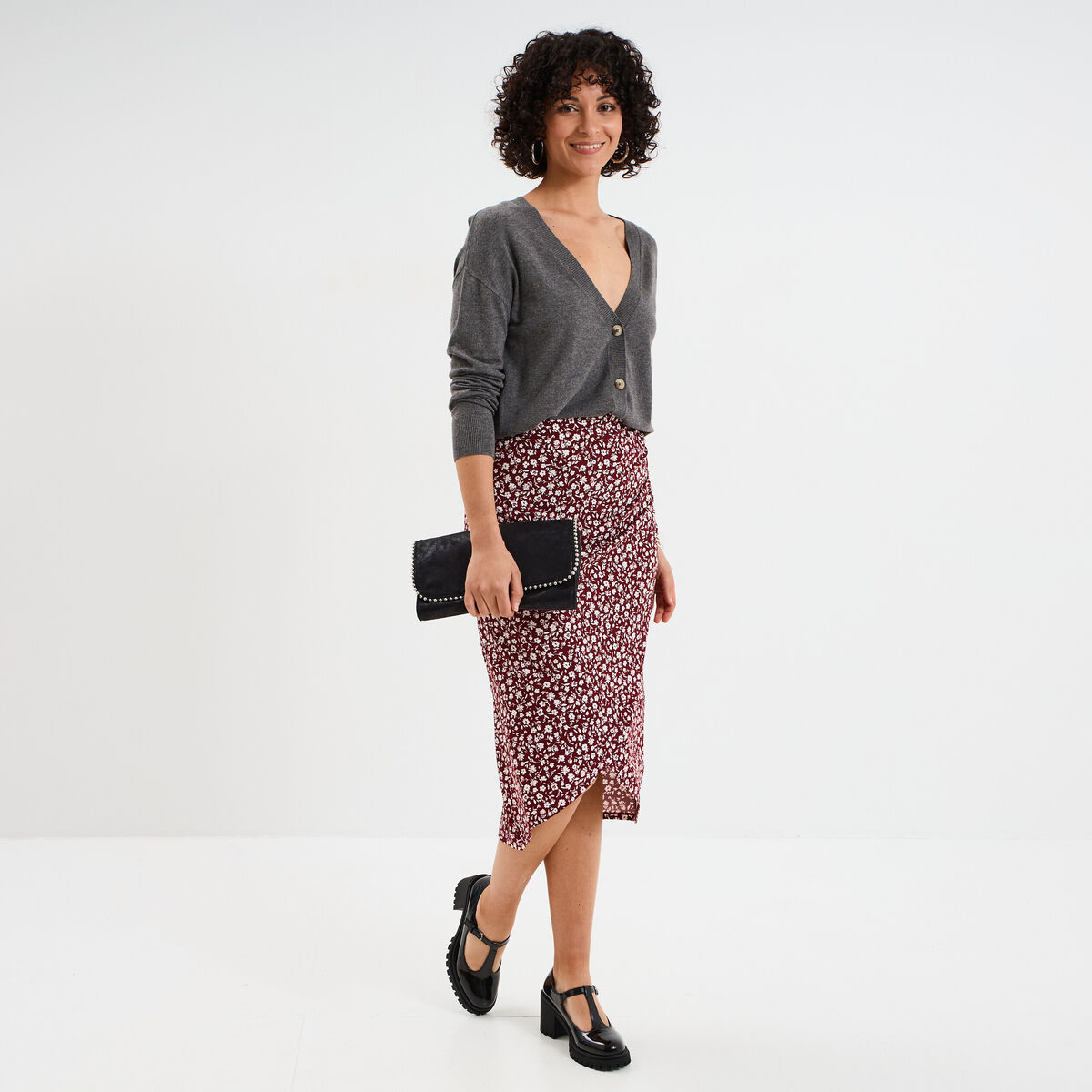 Gilet col en V boutonné gris femme