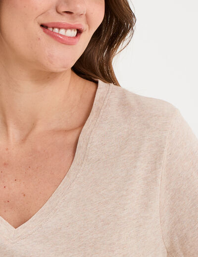 T-shirt manches courtes col en V coton beige femme