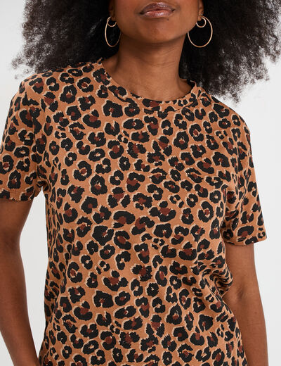 T-shirt coton col rond manches courtes camel femme