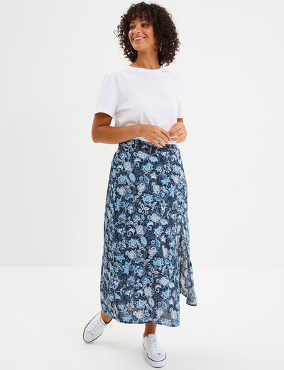 Jupe midi fendue fluide bleu marine femme