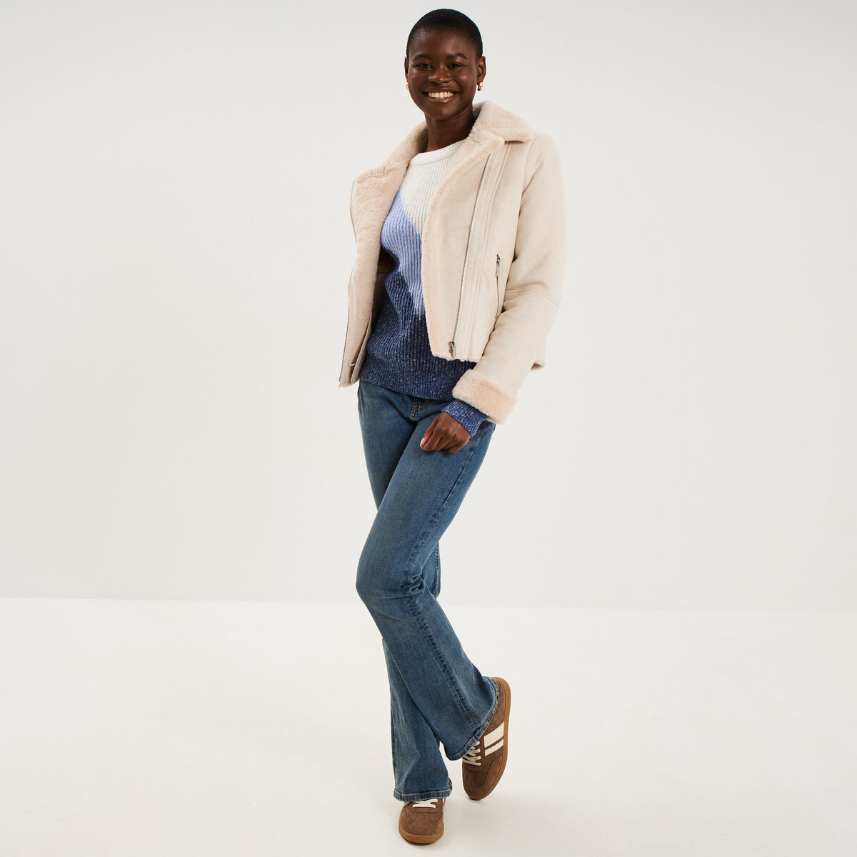 Veste col aviateur zipp&eacute;e doubl&eacute;e beige femme