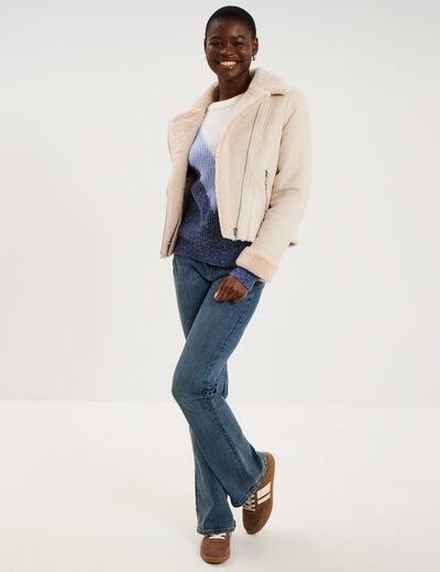Veste col aviateur zipp&eacute;e doubl&eacute;e beige femme