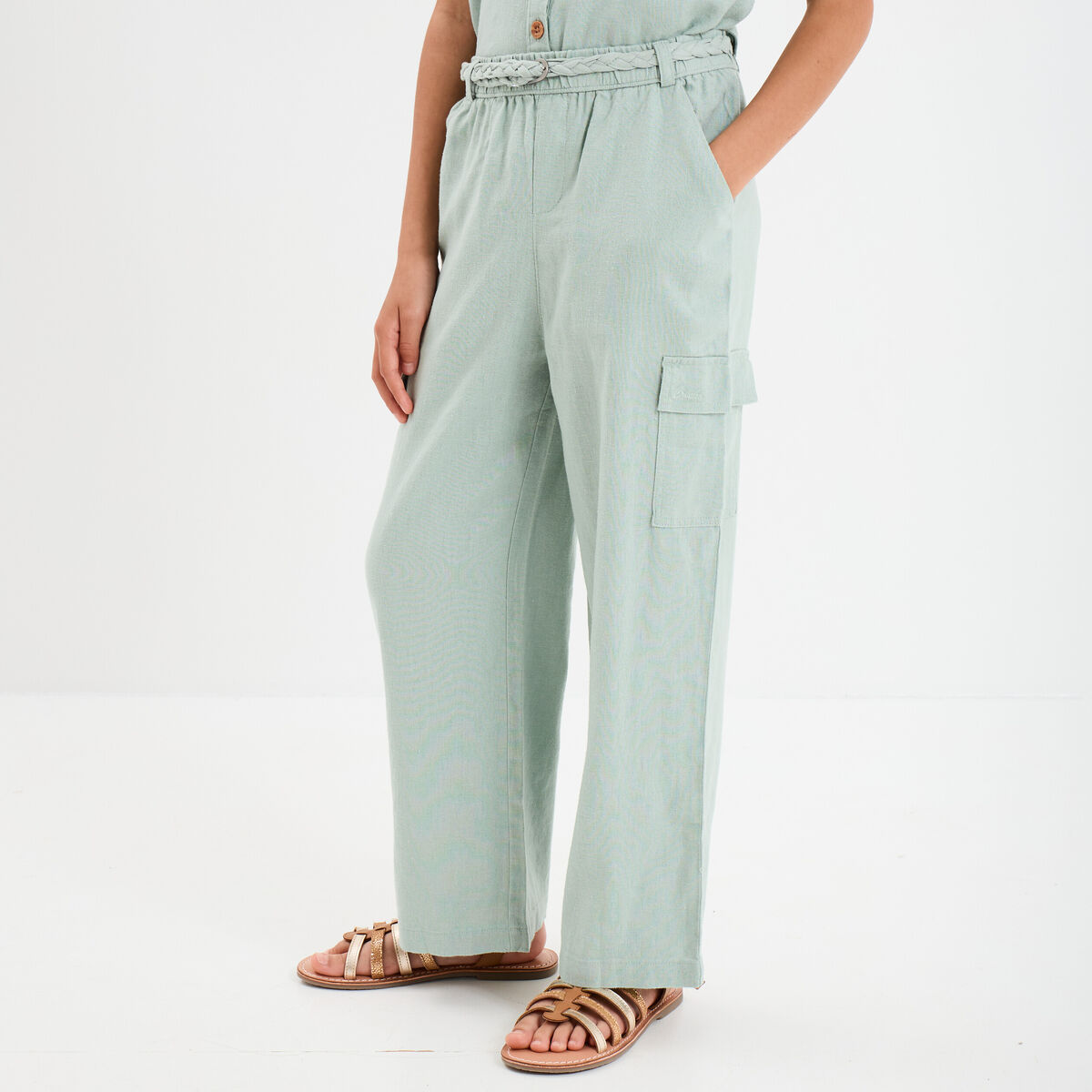 Pantalon large lin m&eacute;lang&eacute; ceintur&eacute; vert pastel fille
