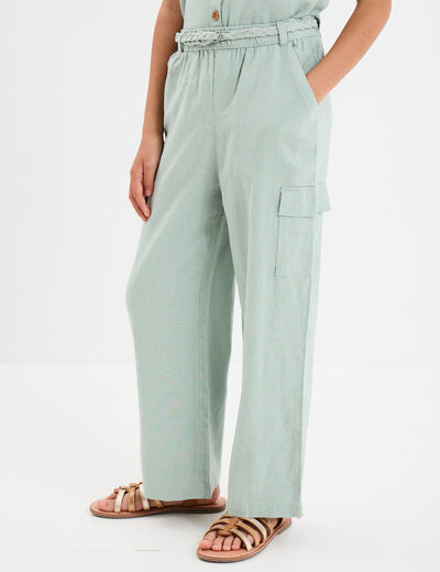 Pantalon large lin m&eacute;lang&eacute; ceintur&eacute; vert pastel fille