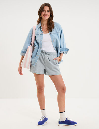 Short jogger en jean &eacute;lastiqu&eacute; blanc femme