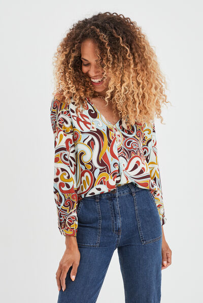 Blouse satin col en V à revers noir femme