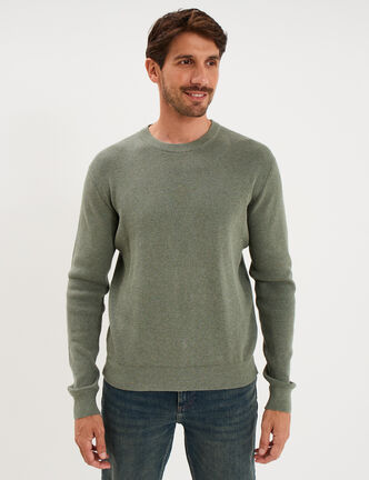 Pull en maille textur&eacute;e col rond vert kaki homme
