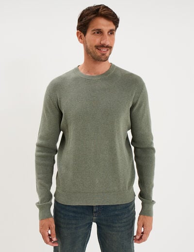 Pull en maille textur&eacute;e col rond vert kaki homme
