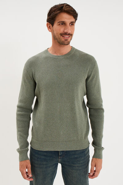 Pull en maille textur&eacute;e col rond vert kaki homme