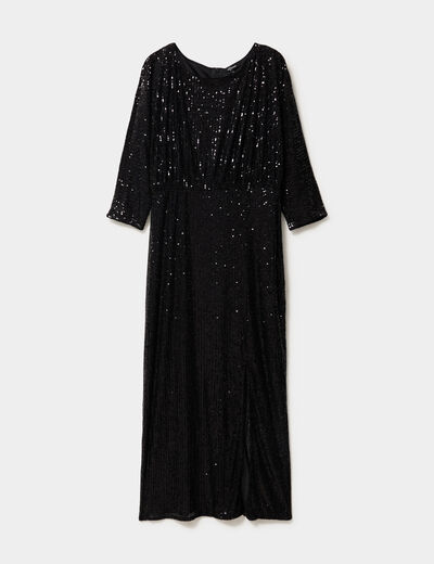 Robe longue fendue &agrave; sequins noir femme