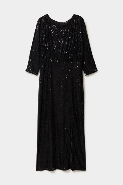 Robe longue fendue &agrave; sequins noir femme