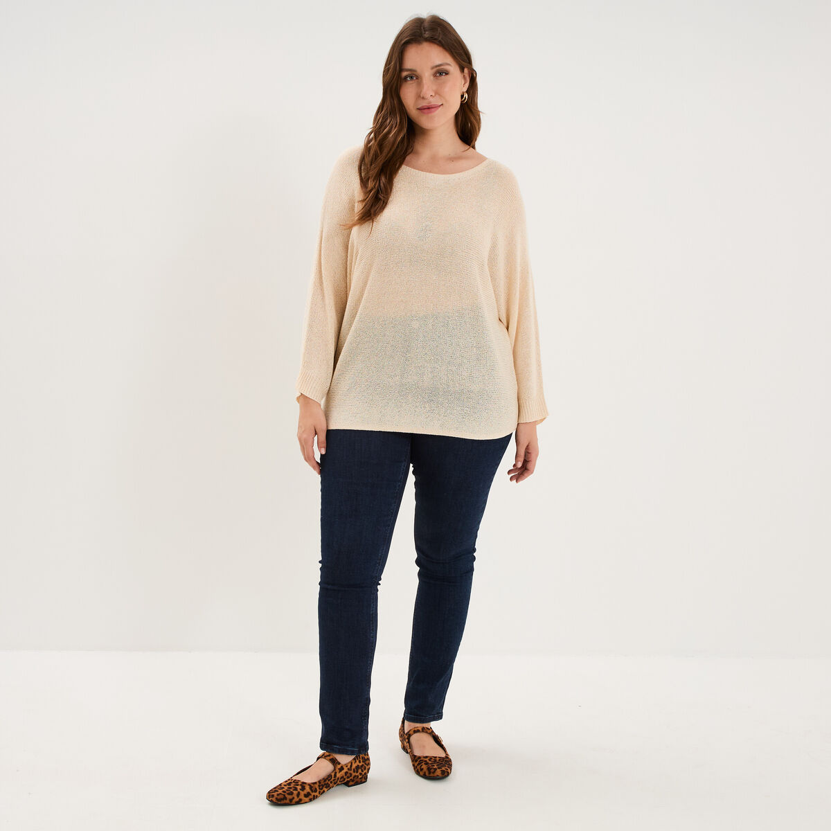 Pull manches longues col rond beige femme grande taille