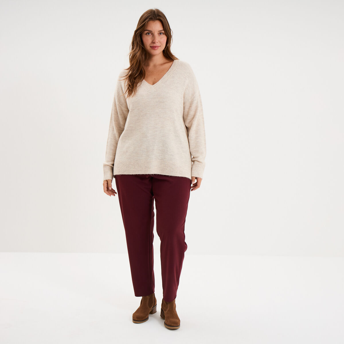Pantalon cigarette ceintur&eacute; effet cr&ecirc;pe violet fonc&eacute; femme grande taille