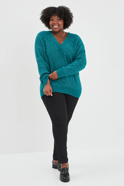 Pull manches chauves-souris col en V bleu canard femme grande taille