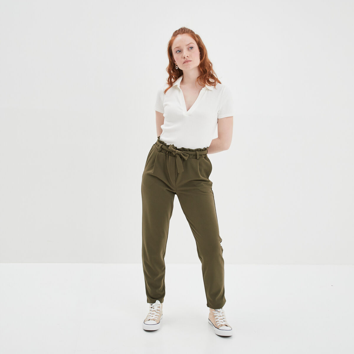 Pantalon city paperbag ceinturé 7/8ème vert kaki femme