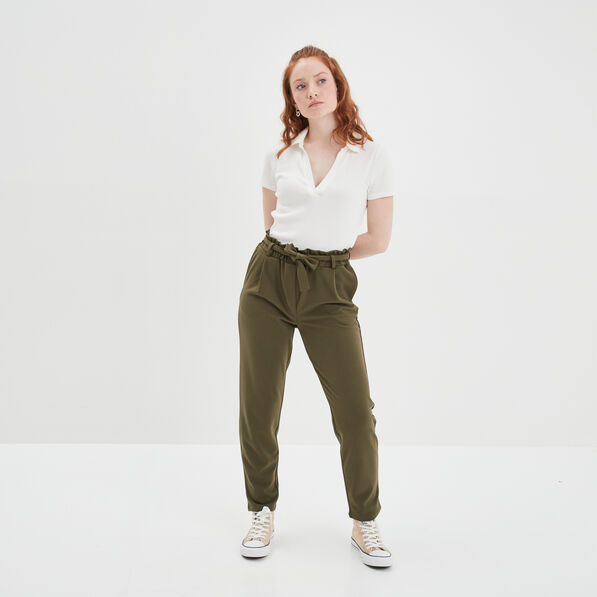 Pantalon city paperbag ceinturé 7/8ème vert kaki femme