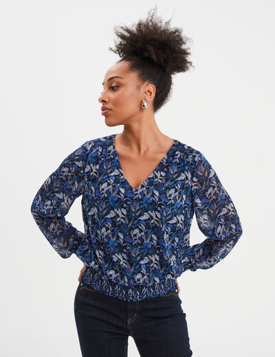 Blouse col en V manches longues bleu femme
