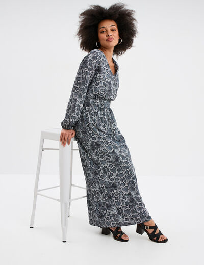 Robe midi fluide manches longues gris femme