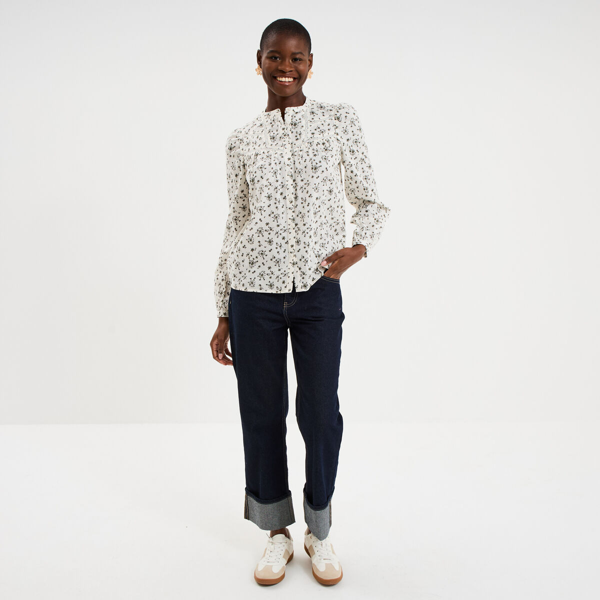 Blouse droite manches longues coton ecru femme
