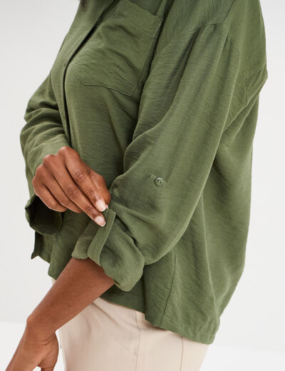 Chemise manches retroussables vert kaki femme