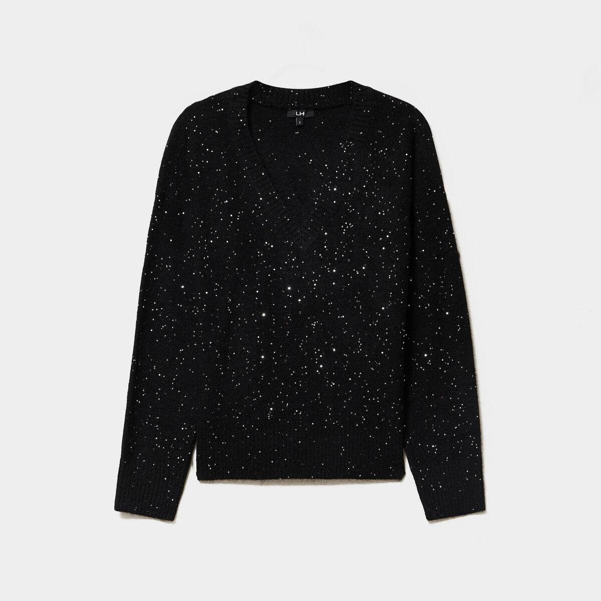 Pull col V &agrave; paillettes et sequins noir femme
