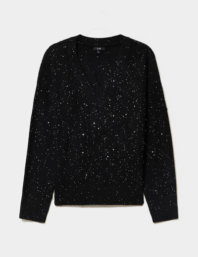 Pull col V &agrave; paillettes et sequins noir femme