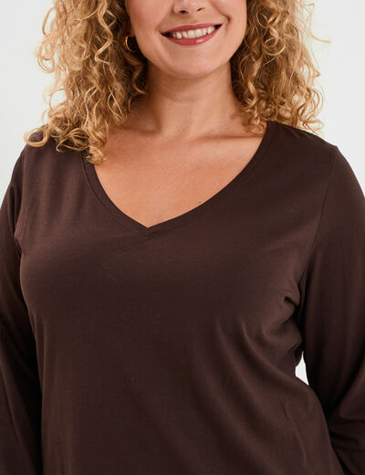 T-shirt col en V manches longues coton marron foncé femme grande taille