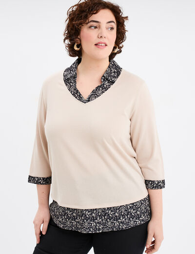 Pull 2-en-1 col chemise manches 3/4 noir femme grande taille