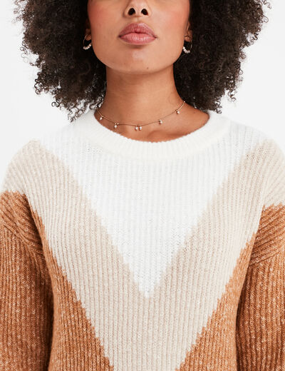 Pull manches longues col rond beige femme