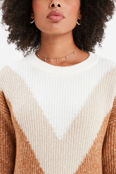 Pull manches longues col rond beige femme