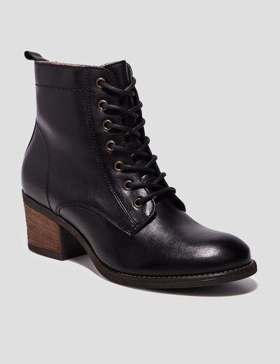 Bottines en cuir &agrave; talons fourr&eacute;es noir femme