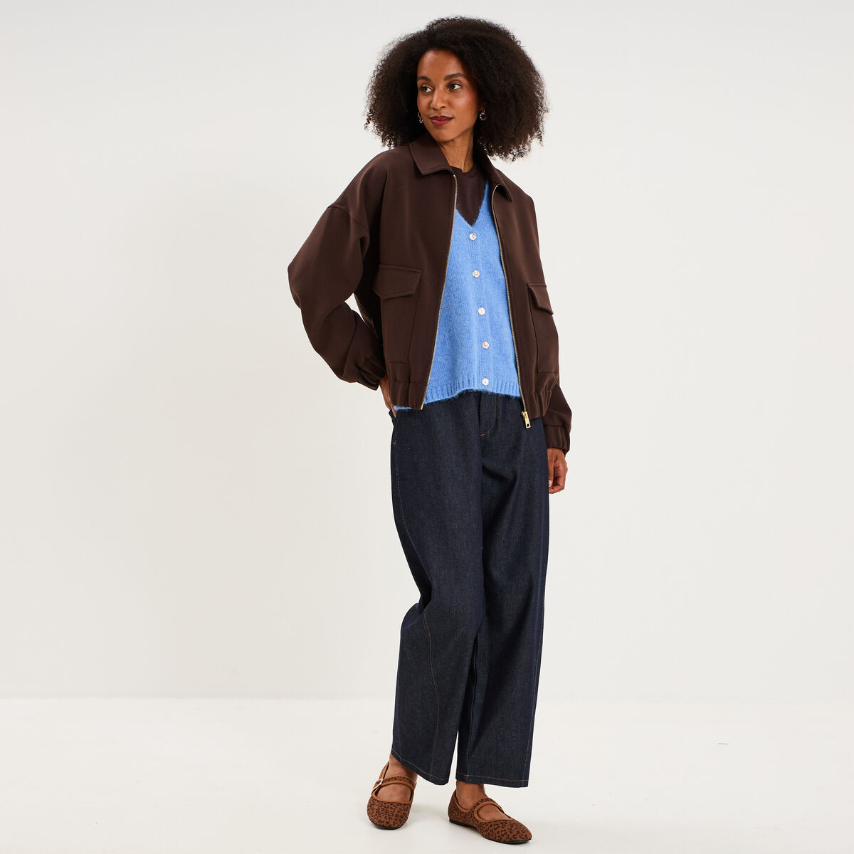 Blouson bo&icirc;te zipp&eacute; poches cargo marron fonc&eacute; femme