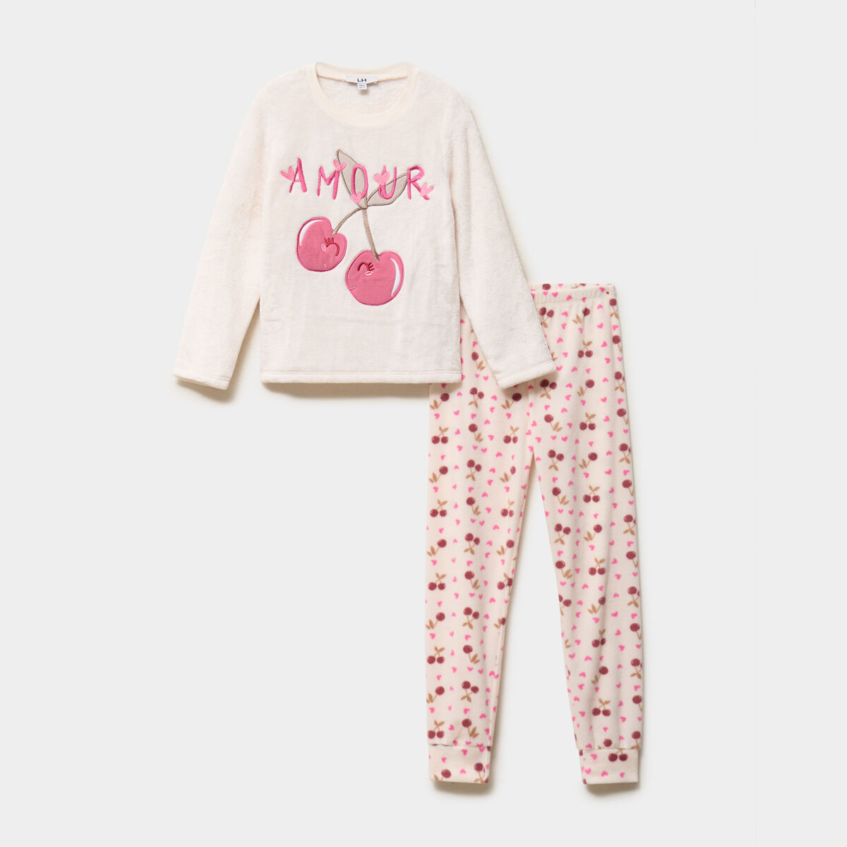 Ensemble pyjama brod&eacute; velours 2 pi&egrave;ces rose clair fille