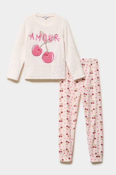 Ensemble pyjama brod&eacute; velours 2 pi&egrave;ces rose clair fille