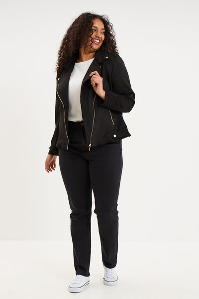 Blouson zipp&eacute; effet su&eacute;dine style biker noir femme grande taille