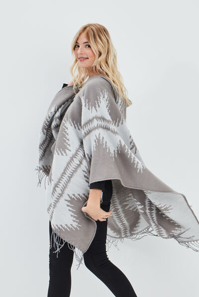 Poncho à capuche taupe femme