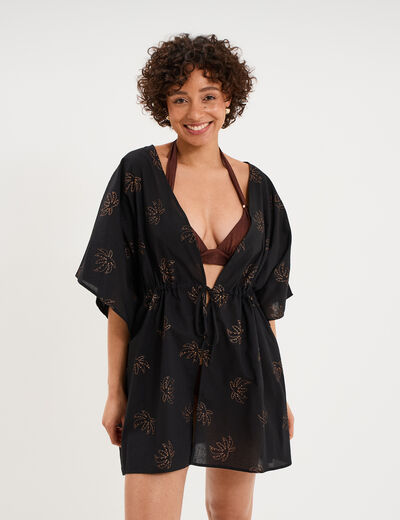 Robe de plage en coton col V noir femme