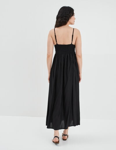 Robe longue évasée buste macramé noir femme