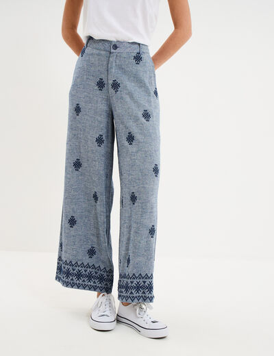Pantalon large brod&eacute; bleu fonc&eacute; femme