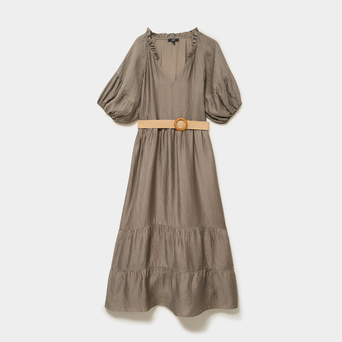 Robe longue &agrave; volants et ceinture vert kaki femme