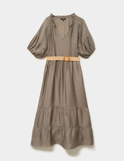 Robe longue &agrave; volants et ceinture vert kaki femme