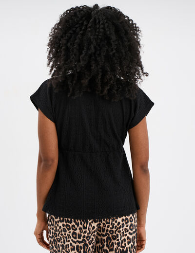 T-shirt dentelle col en V noeud noir femme