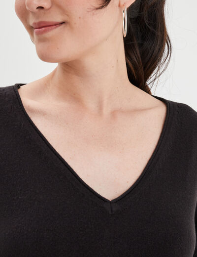 Pull col en V manches longues noir femme